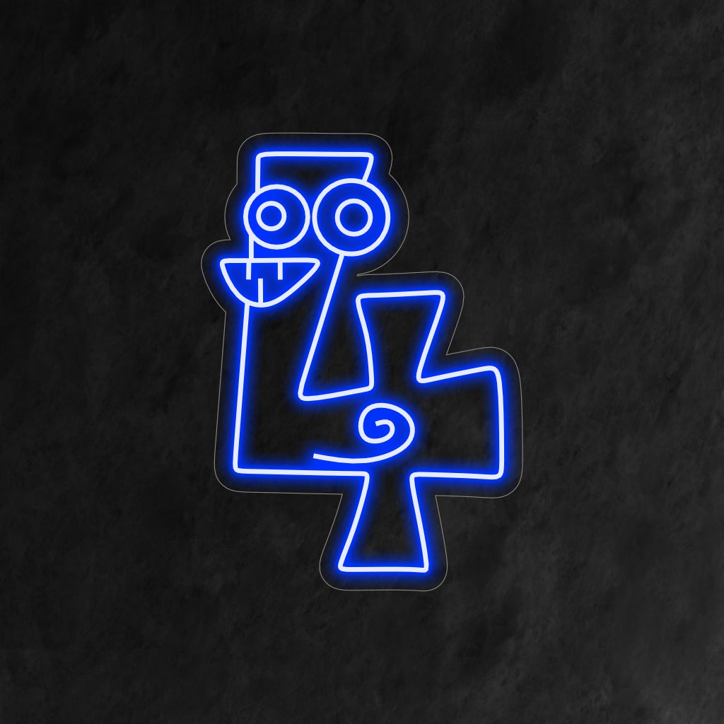 "4th Birthday Neon Sign" presenta un numero 4 comico e caricaturale con occhi e denti divertenti, aggiungendo un elemento divertente alla festa del quarto compleanno di un bambino.