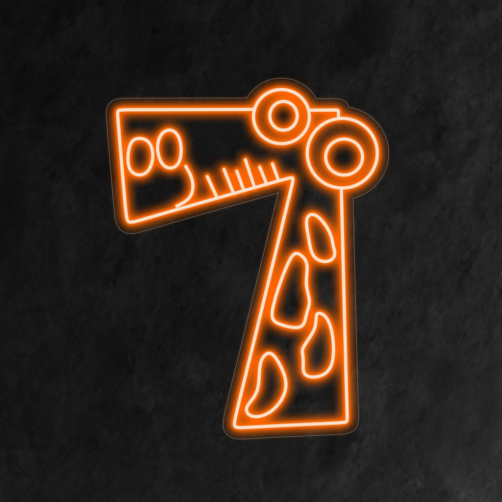 "7th Birthday Neon Sign" features a cute and smiling cartoonish number 7 inspired by a giraffe, adding charm to a child's seventh birthday celebration.
