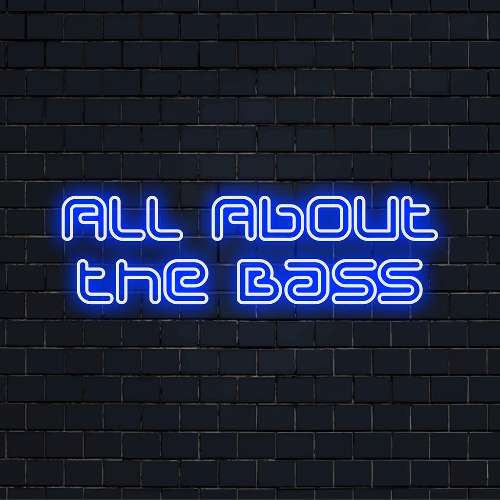 Vibrant LED neon sign reading All About the Bass in stylish script, perfect for personalized neon art lovers.