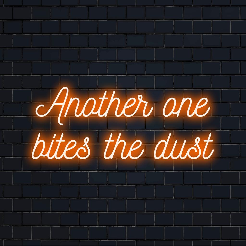 Semn de neon cu LED personalizat, ortografie Another One Bites The Dust cu artă vibrantă în lumină neon, îmbunătățind decorul modern al camerei.