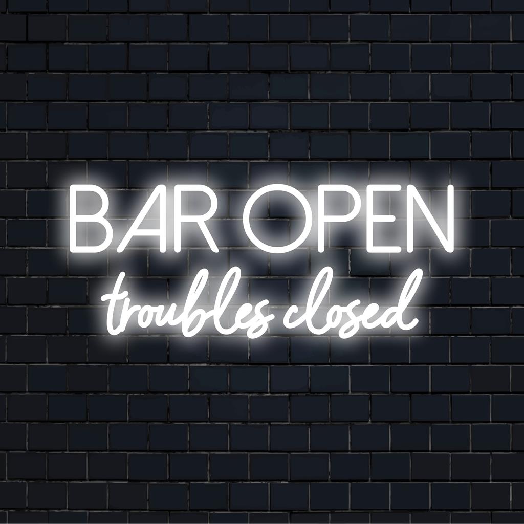 Custom LED Neon Sign with Bar Open Troubles Closed, perfect neon light decor for bars, lounges, or home spaces.