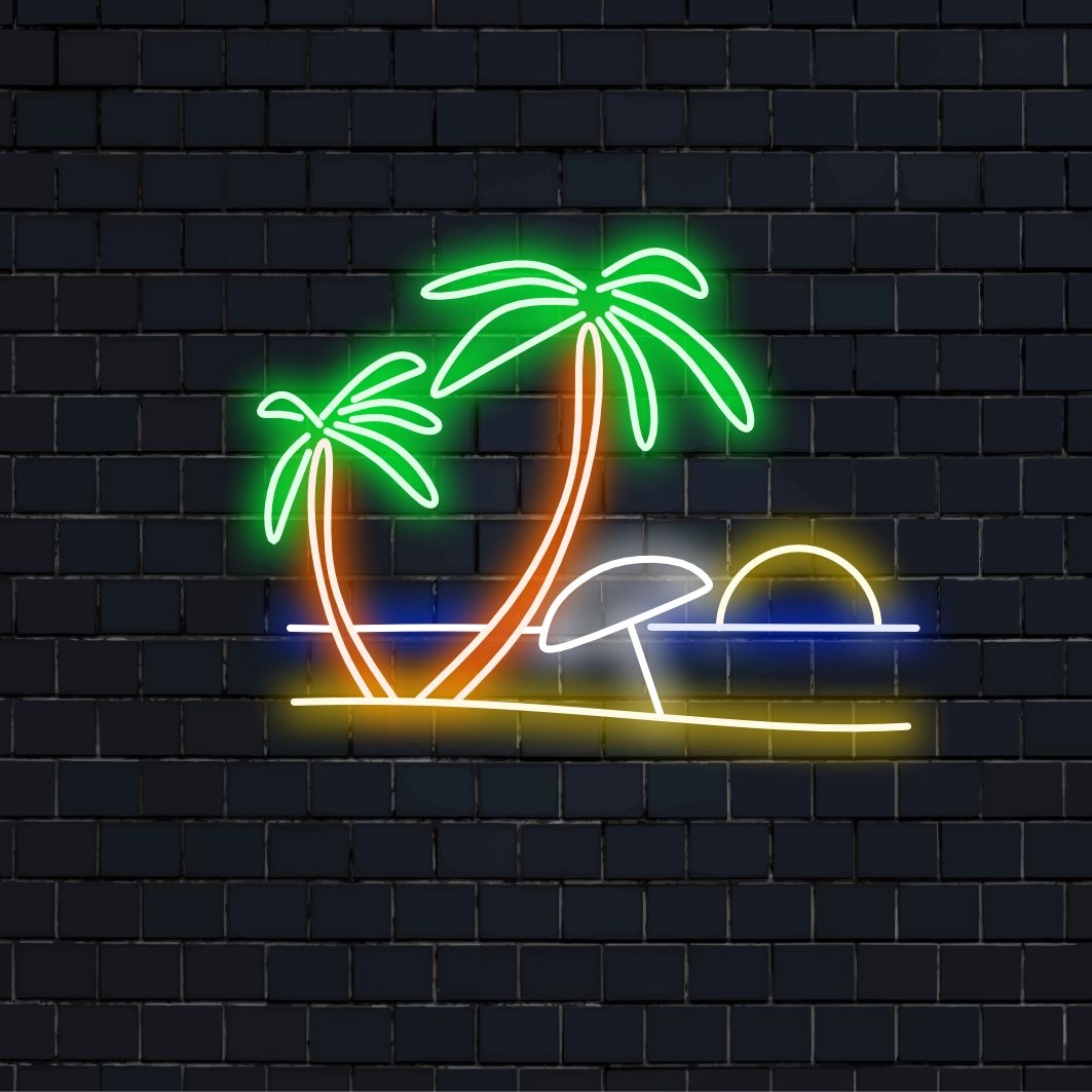 „Beach and Palm Trees Neon Sign” - O lumină de neon tropicală cu simbolurile unei plaje și palmieri, infuzând farmecul de coastă și relaxare în spațiul tău de locuit.