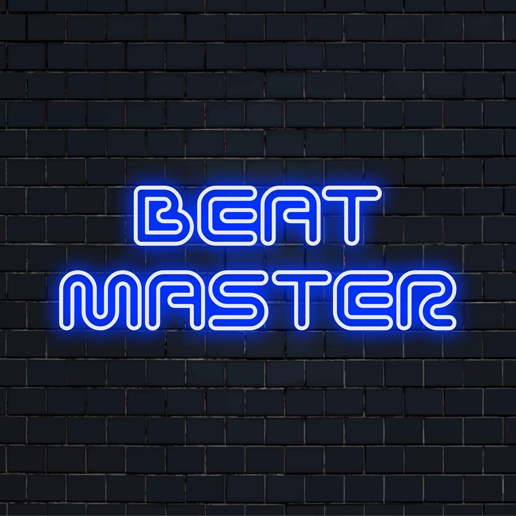 Živahni LED neonski znak koji prikazuje 'Beat Master', savršen kao jedinstveni neonski dekor, besprijekorno spaja umjetnost i štih.