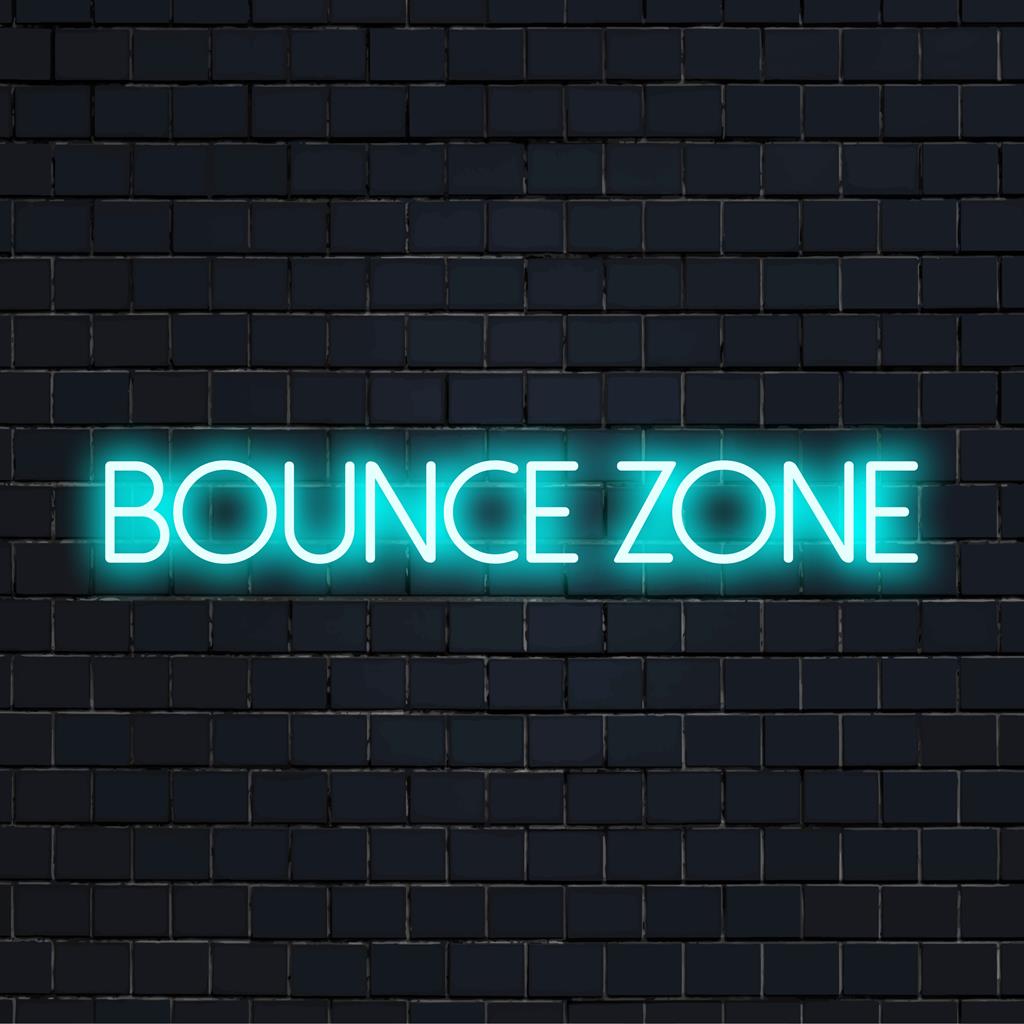 Bounce Zone LED neon sign glowing in vibrant colors, perfect custom-made light decor for playful and lively spaces.