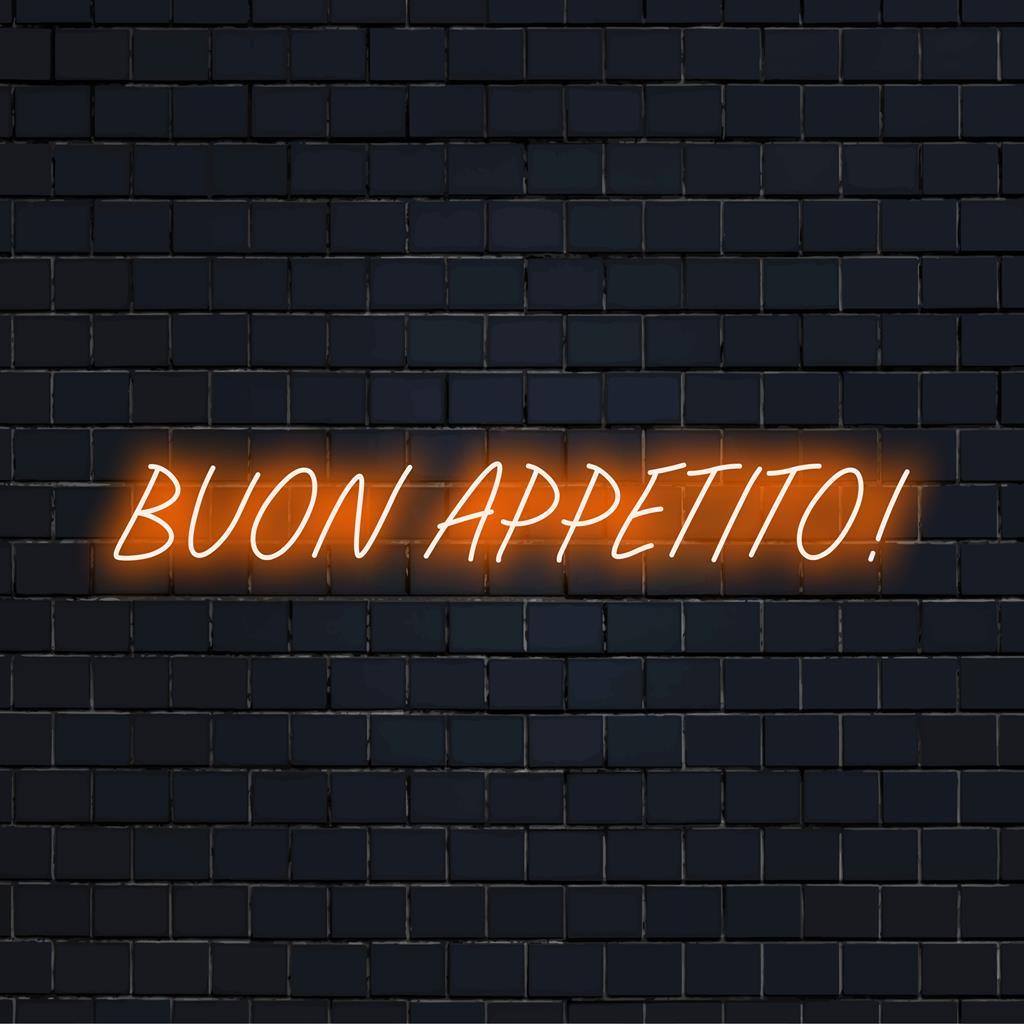 Buon Appetito! Egyedi LED fényreklám; sokoldalú neon dekor, amely tökéletes a konyhák vagy az étkezők világosításához.