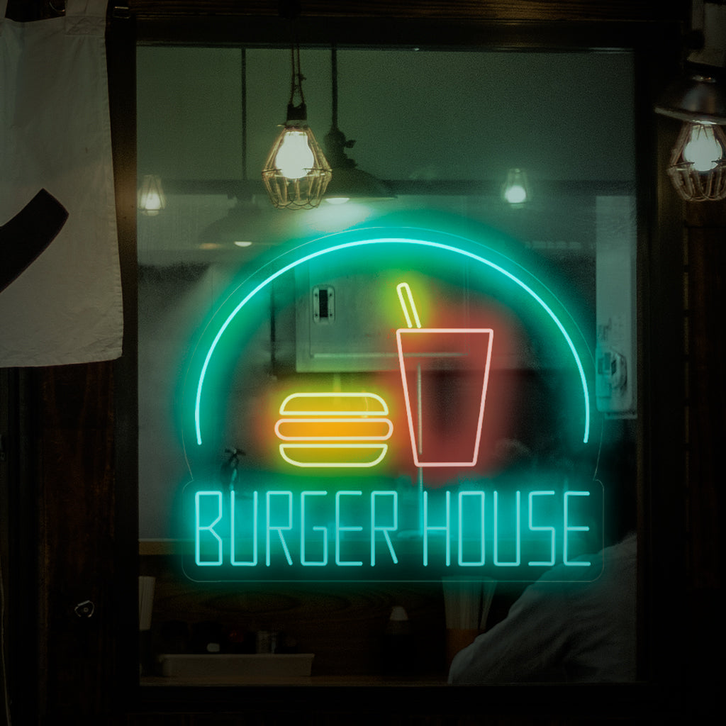 "Burger House Neon Sign" - Ένα ζωντανό φως νέον με τις λέξεις "Burger House", εμποτίζοντας ενέργεια και αγάπη για νόστιμα μπιφτέκια στο μπιφτέκι ή το εστιατόριό σας.