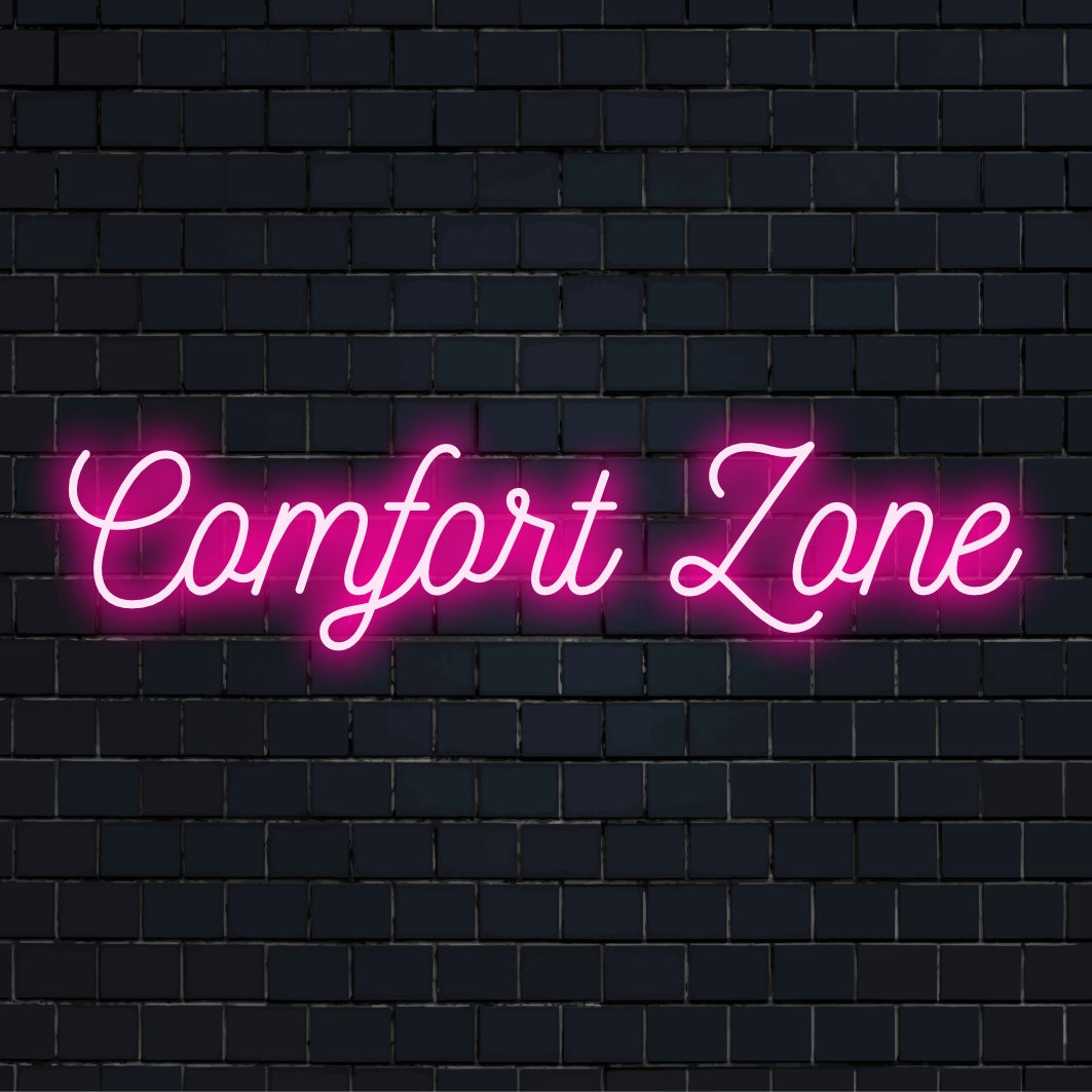 Custom Comfort Zone LED Neon Sign featuring warm white glow; perfect personalized decor for any space.