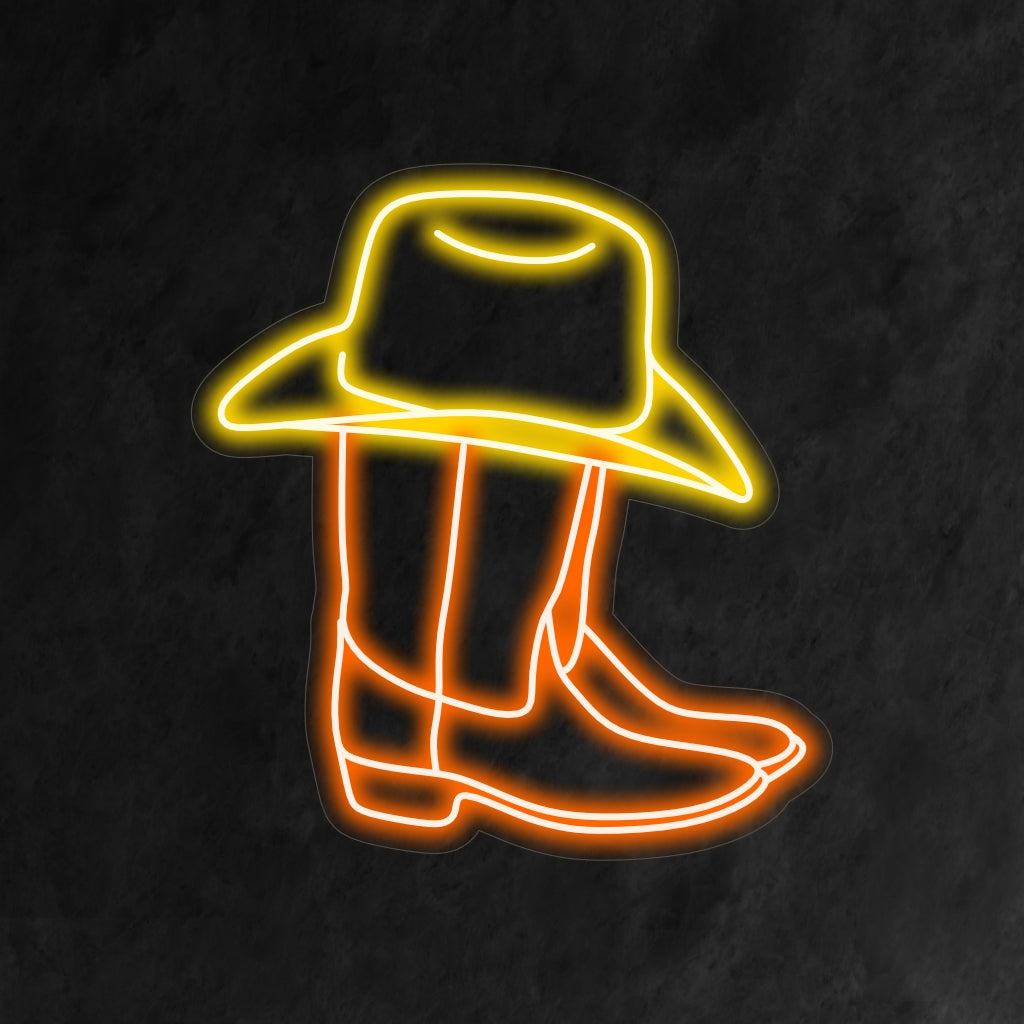 "Cowboy Boots And Western Hat Neon Sign" er en moderigtig tilføjelse til vestlig indretning, med en stilfuld illustration af cowboystøvler med en westernhat ovenpå. Oplys dit rum med den rustikke charme og belysning i landlig stil fra dette unikke neonlys, hvilket giver et modigt fashion statement.