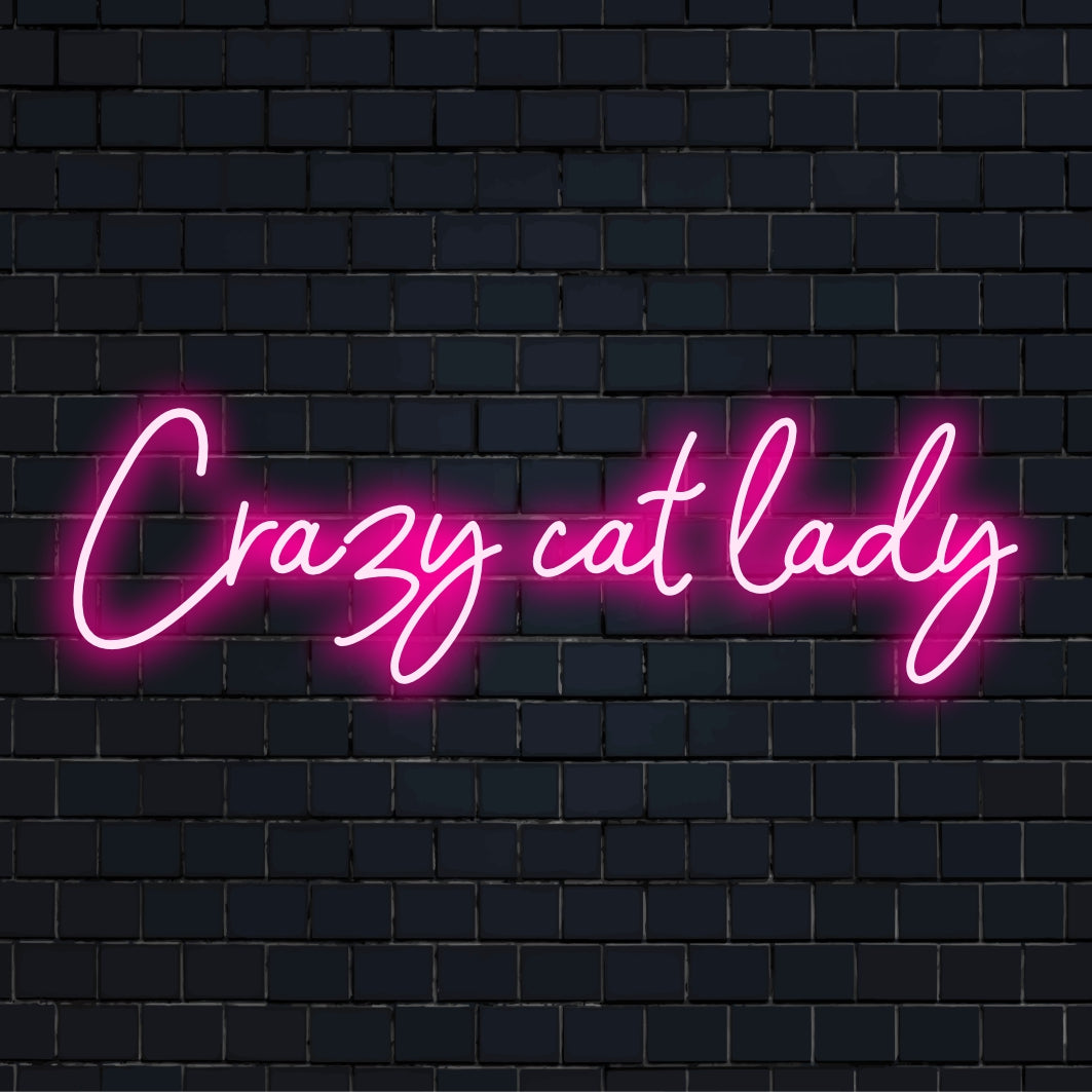 Jasný a hravý LED neonový nápis Crazy Cat Lady, perfektní neonová dekorace pro kočičí nadšence a útulné prostory.