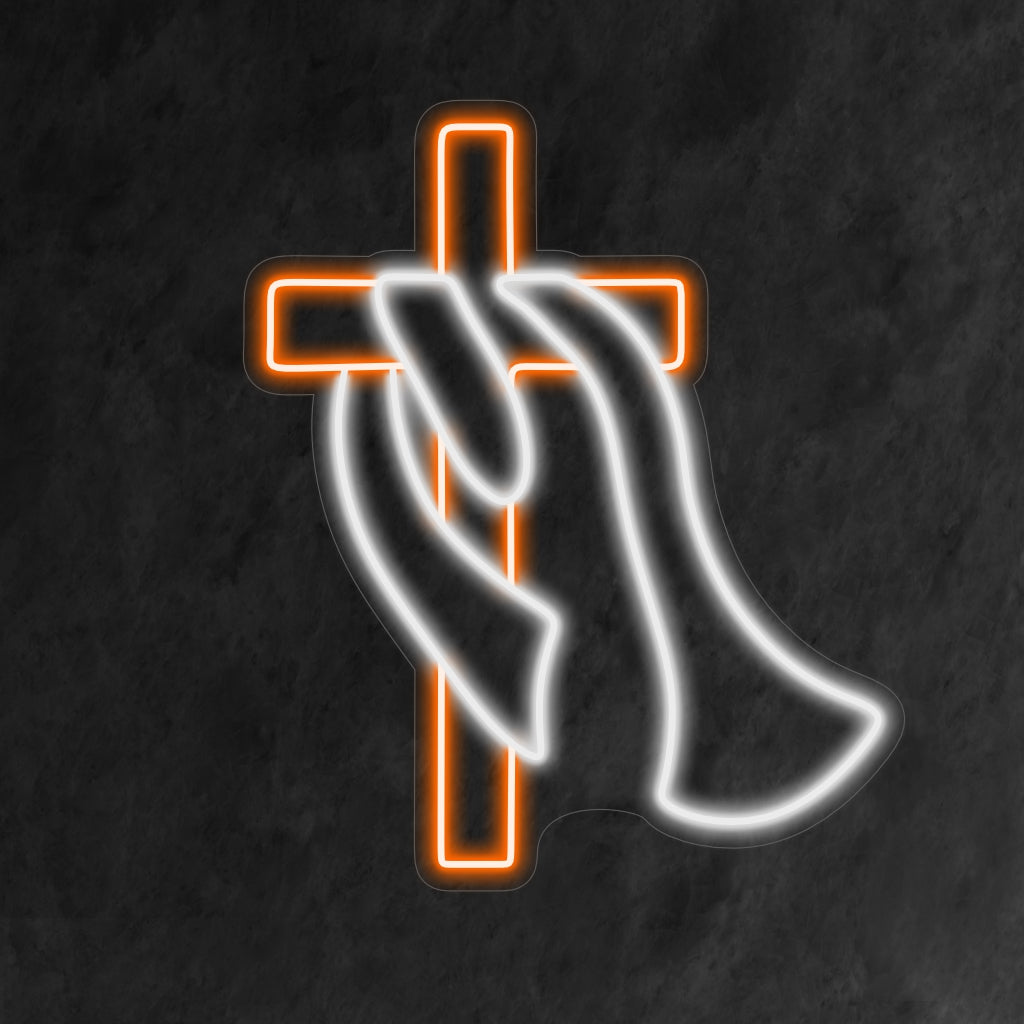"Cross with Scarf Neon Sign" – A unique and stylish neon light showcasing a cross adorned with a scarf, infusing your space with vibrancy and contemporary charm.