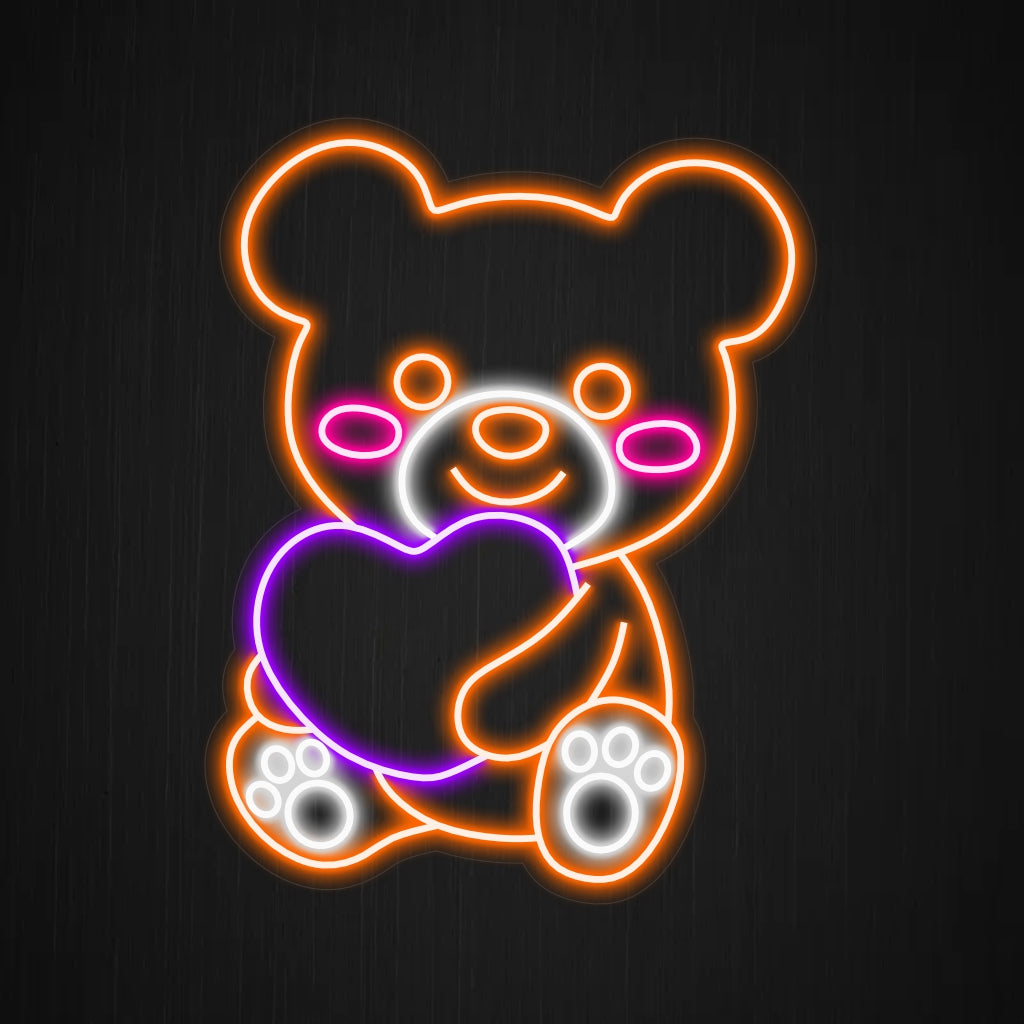 „Cute Teddy Bear Holding Heart Neon Sign” ��� O lumină de neon încântătoare și adorabilă, care infuzează spațiul tău cu afecțiune și farmec încântător.