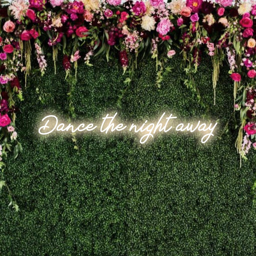 Customizable LED neon sign with Dance The Night Away text for vibrant decor, ideal for clubs and dance enthusiasts.
