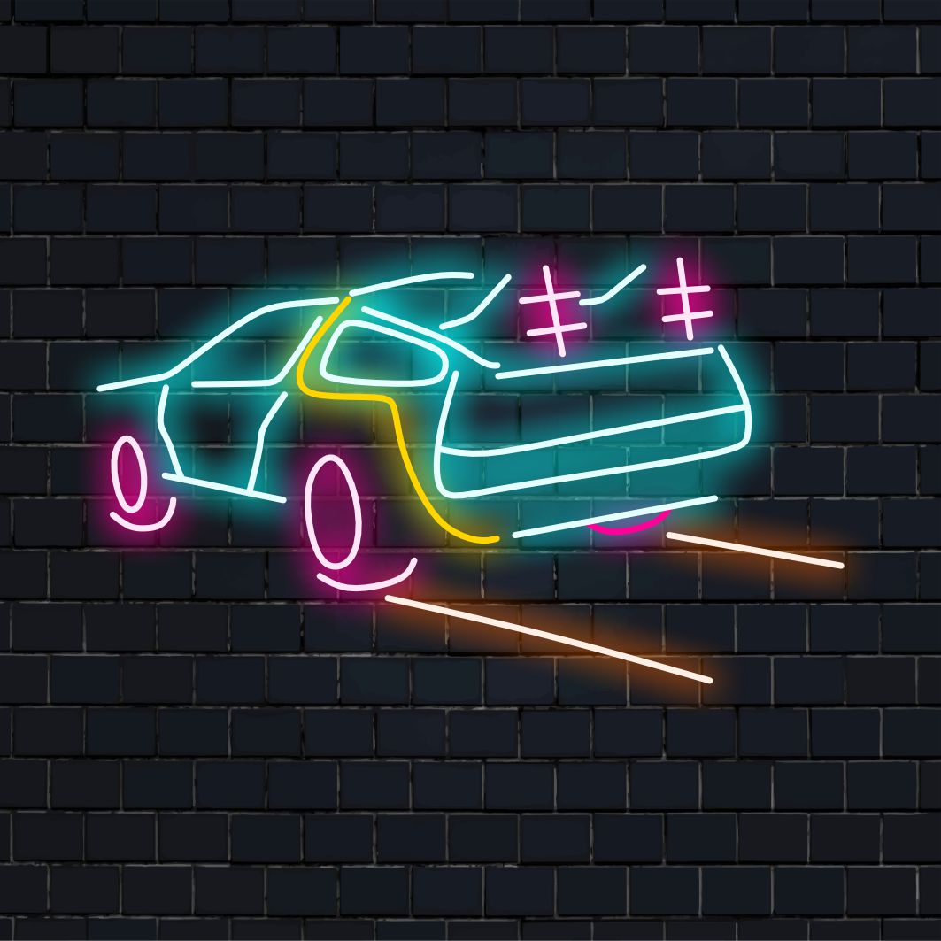 LED neon sign resembling the DeLorean time machine, perfect for custom decor; unique neon wall art for retro enthusiasts.