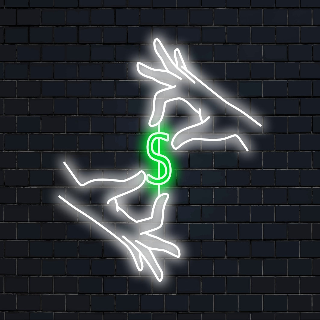 „Dollar Between Hands Neon Sign” se aprinde cu o strălucire îndrăzneață, simbolizând succesul financiar și prosperitatea, făcându-l perfect pentru afaceri și spații care sărbătoresc realizările monetare.