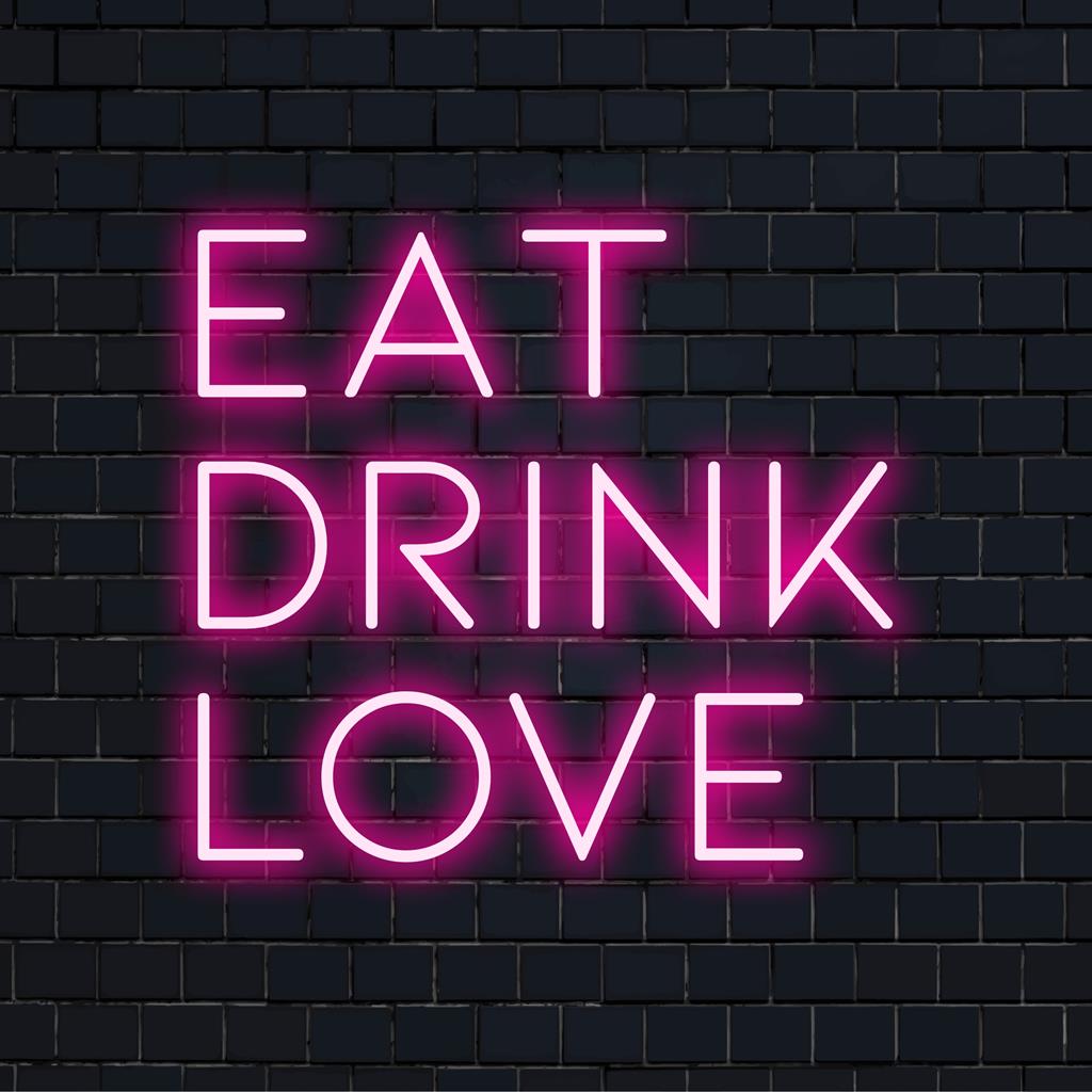 Insegna al neon a LED personalizzata con la scritta Eat Drink Love, perfetta per vivaci decorazioni murali, che valorizza qualsiasi spazio personalizzato.