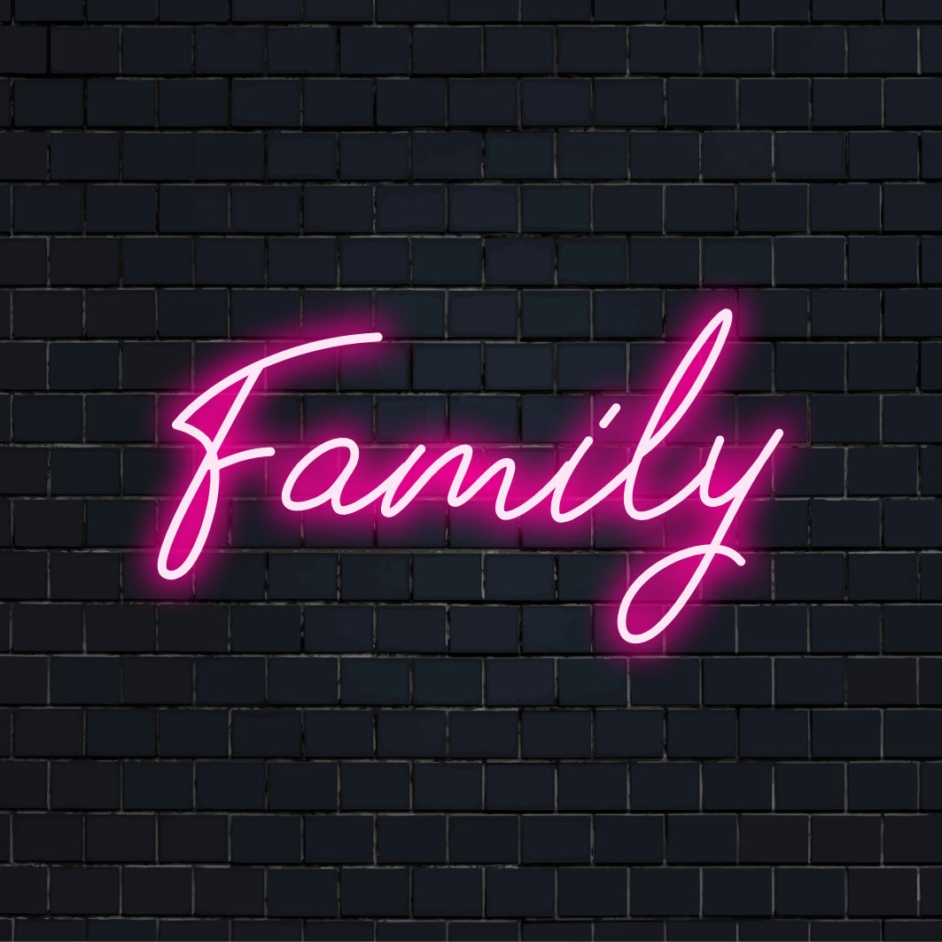 Insegna al neon a LED personalizzata con la parola Family in caratteri eleganti; perfetta per aggiungere un tocco di luce al neon calda e personalizzata.
