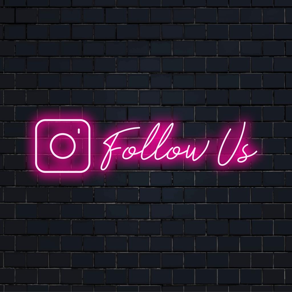 Insegna al neon personalizzata con la scritta "Seguici", ideale come decorazione LED per attività commerciali o per il coinvolgimento e il branding sui social media. Arte murale al neon.