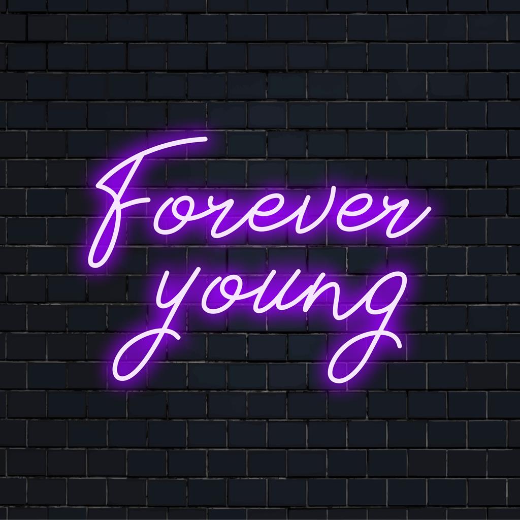 Živahni Forever Young LED neonski znak, savršen za dodavanje personaliziranog sjaja svakom prostoru; idealno za ljubitelje modernog uređenja.