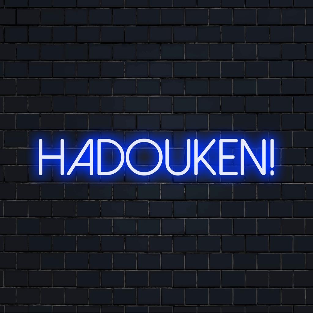 Custom LED neon sign spelling Hadouken! in vibrant neon colors; perfect neon wall art for gaming enthusiasts.