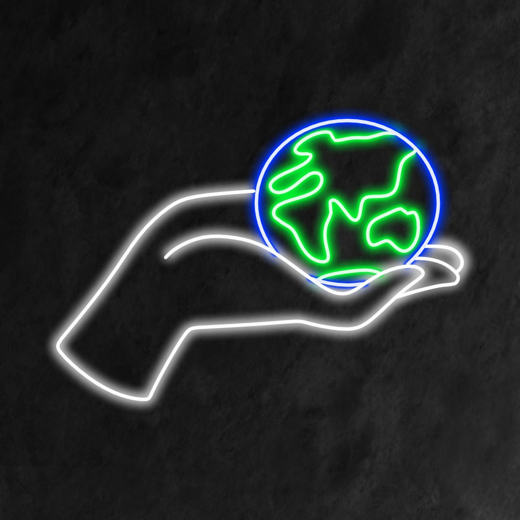 Το "Hand Holding the Planet Neon Sign" είναι μια φιλική προς το περιβάλλον και εντυπωσιακή προσθήκη στο εσωτερικό σας. Ένα φως νέον που συμβολίζει τη φροντίδα για τον πλανήτη και την περιβαλλοντική συνείδηση.