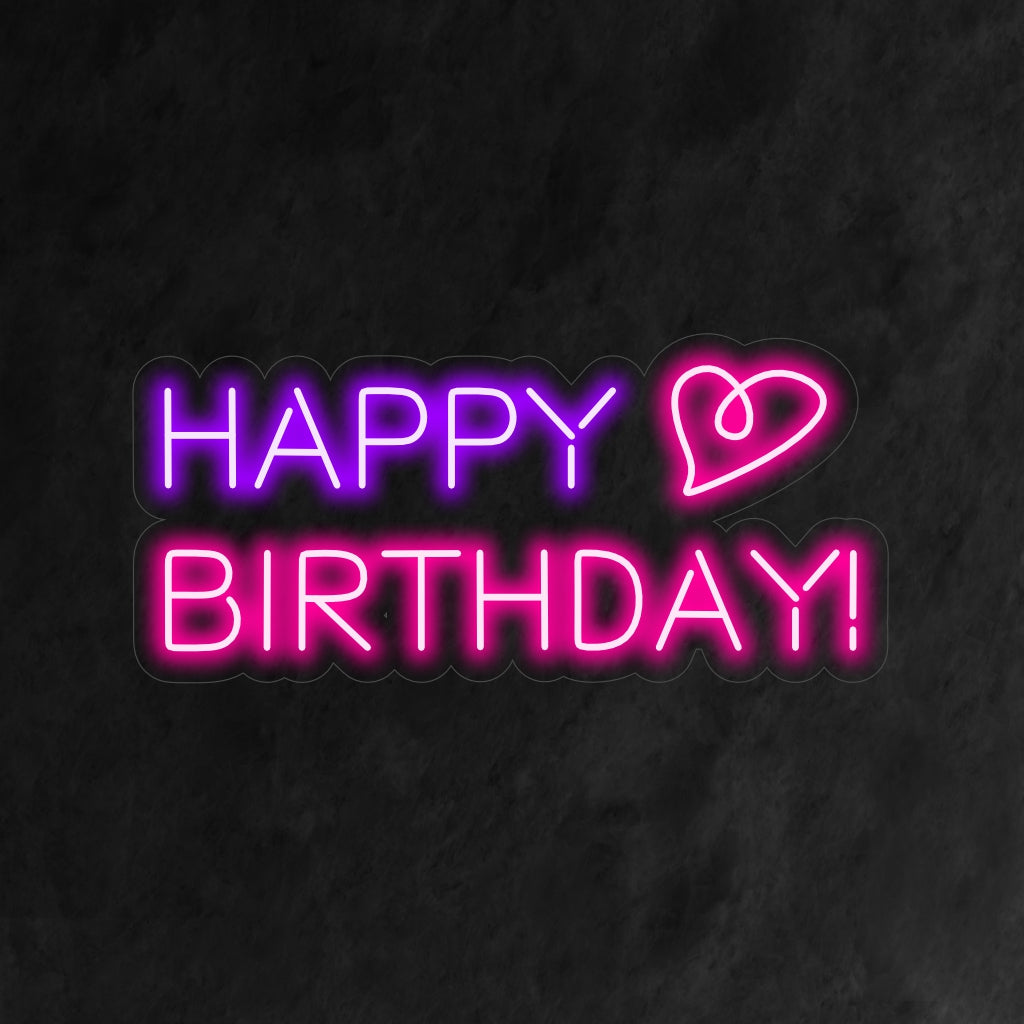"Happy Birthday and Heart Neon Sign" er en dybfølt og festlig tilføjelse til dit interiør med festlig tema. Et neonlys, der formidler bedste ønsker til fødselsdage.