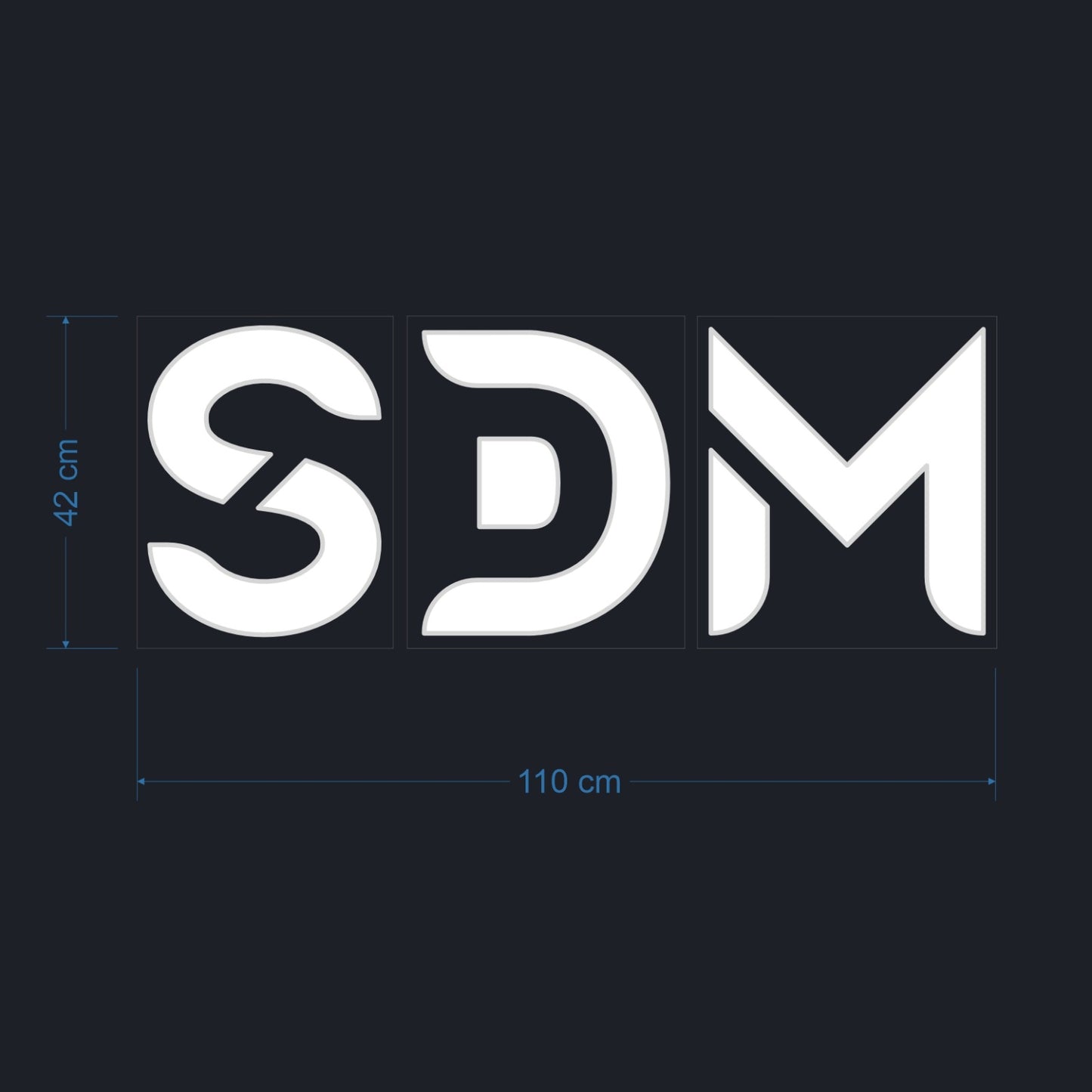 SDM – räätälöity neonkyltti (kolme erillistä akryylilaatikkoa)
