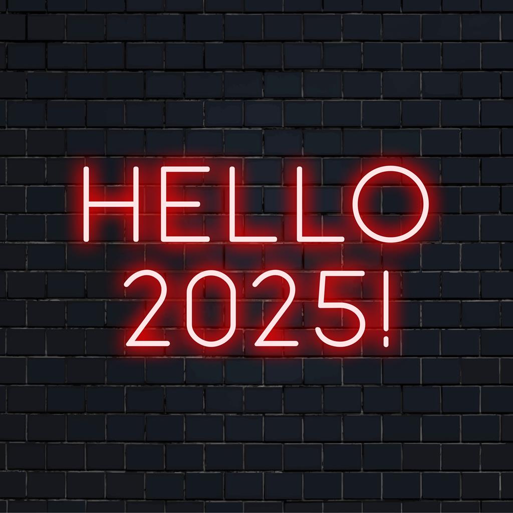 Barevný LED neonový nápis s nápisem Hello 2025! pro živou domácí výzdobu nebo atmosféru večírku. Vyrobeno na zakázku pro moderní estetický vzhled.