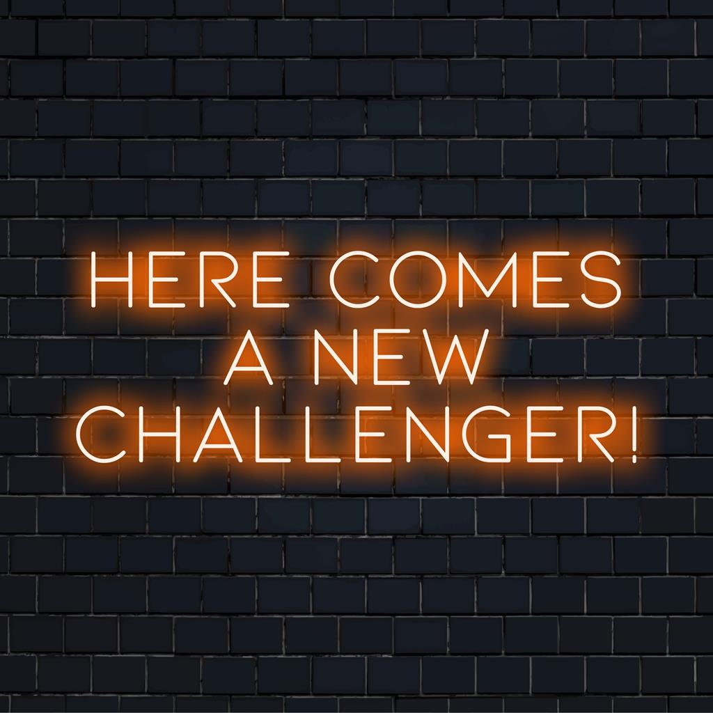 Custom made LED neon sign with Here Comes A New Challenger in vibrant, glowing text; perfect for unique light decor.