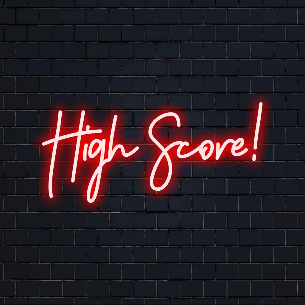 Custom LED neon sign with colorful High Score! text, perfect for dazzling neon decor and personalized ambiance.