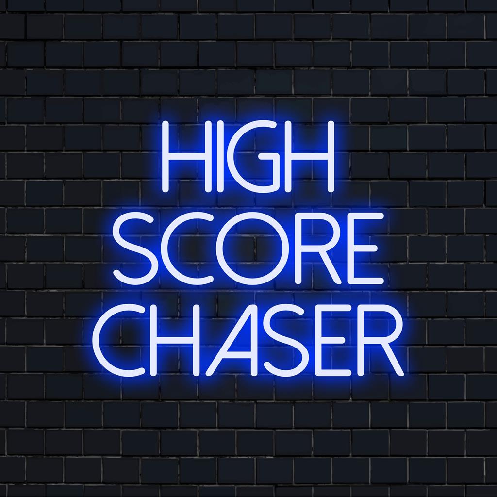 Vibrant custom-made LED neon sign named High Score Chaser bringing retro gaming flair to any space.