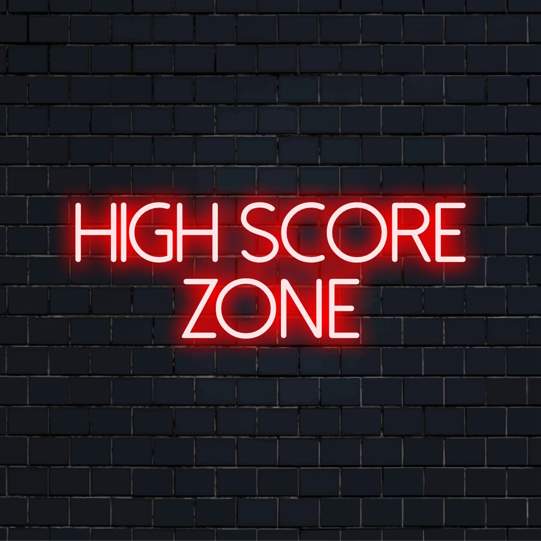 LED neon sign with High Score Zone text, featuring vibrant colors and playful design. Ideal for gaming wall decor.