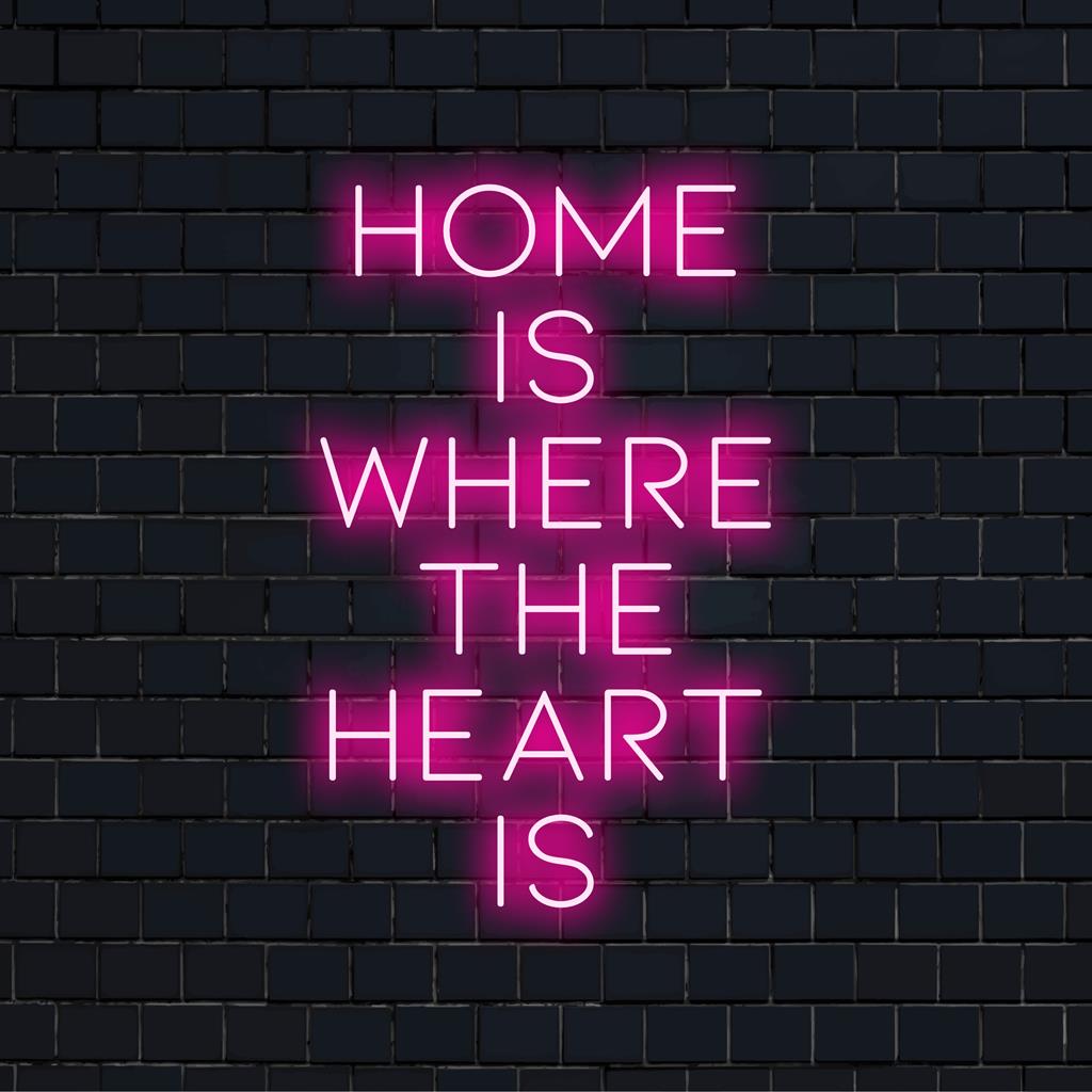 Custom LED neon sign with Home Is Where The Heart Is quote, perfect for illuminating your living space with cozy charm.