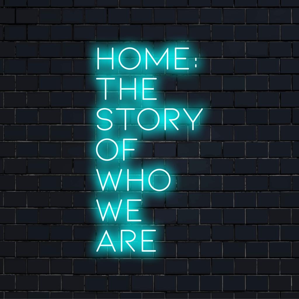 Insegna al neon LED unica e vivace con la scritta Home The Story Of Who We Are; perfetta per aggiungere un tocco personalizzato a qualsiasi spazio.