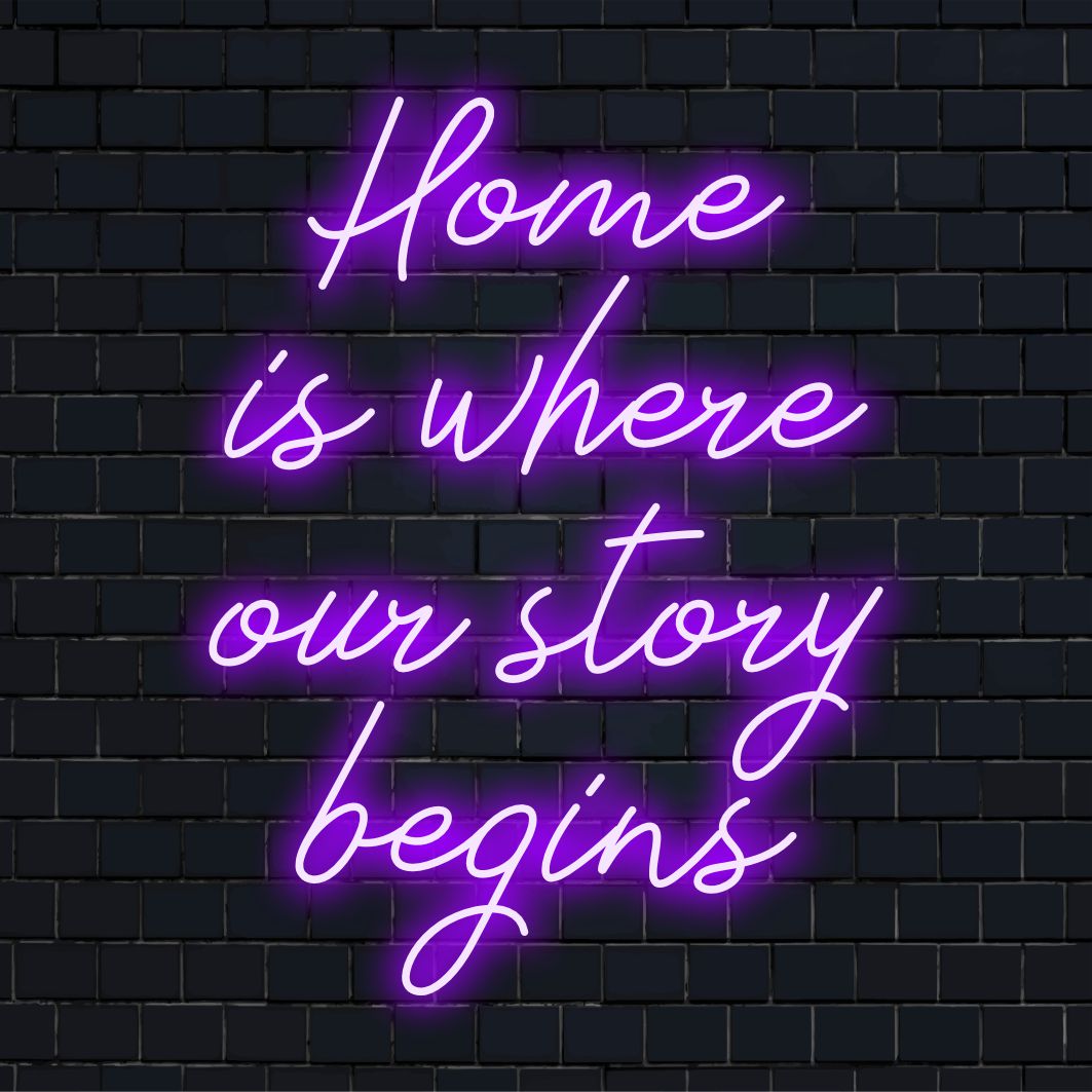 LED neon sign with the text Home Is Where Our Story Begins, perfect for adding warmth to any space. Custom LED spark and comfort.