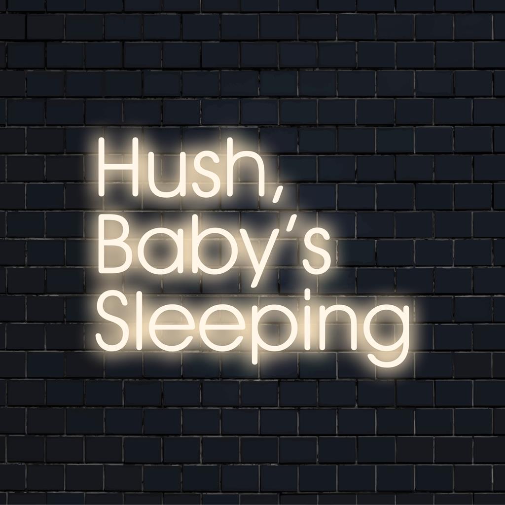 Elegant custom LED neon sign reading Hush, Baby's Sleeping, perfect for adding a serene touch to any nursery decor.
