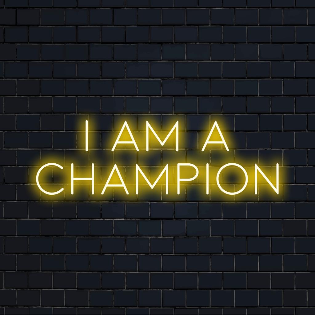 Πινακίδα νέον LED με το I Am A Champion, ιδανική για τη δημιουργία κινητήριων έργων τέχνης από νέον τοίχου ή εξατομικευμένης διακόσμησης.