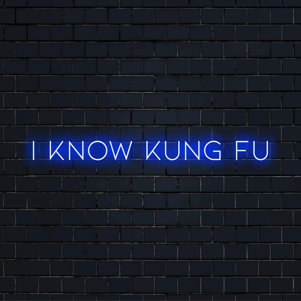 Catchy LED neon sign spelling I Know Kung Fu, vibrant wall art enhancing any space with unique neon light decor.