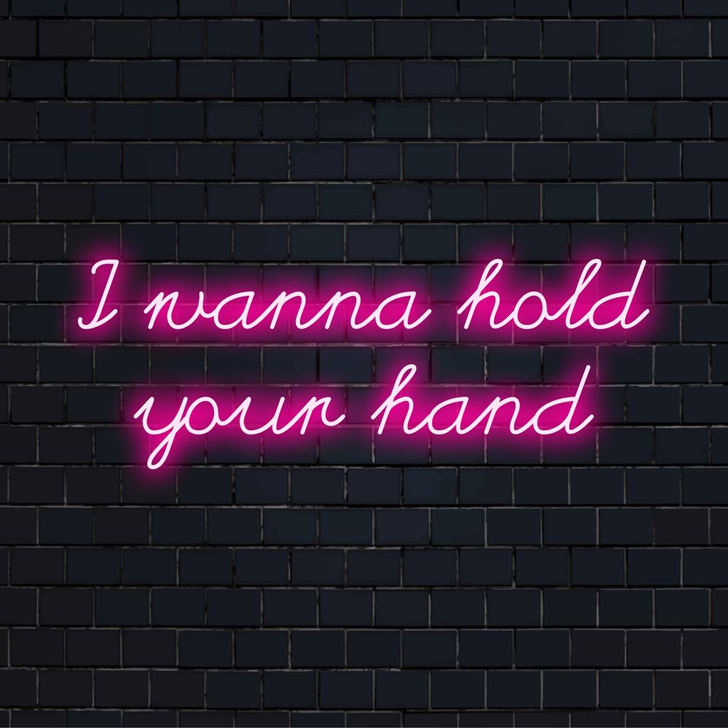 LED neonový nápis na zakázku s retro textem: I Wanna Hold Your Hand. Perfektní pro neonové nástěnné umění nebo personalizované neonové dekorace.