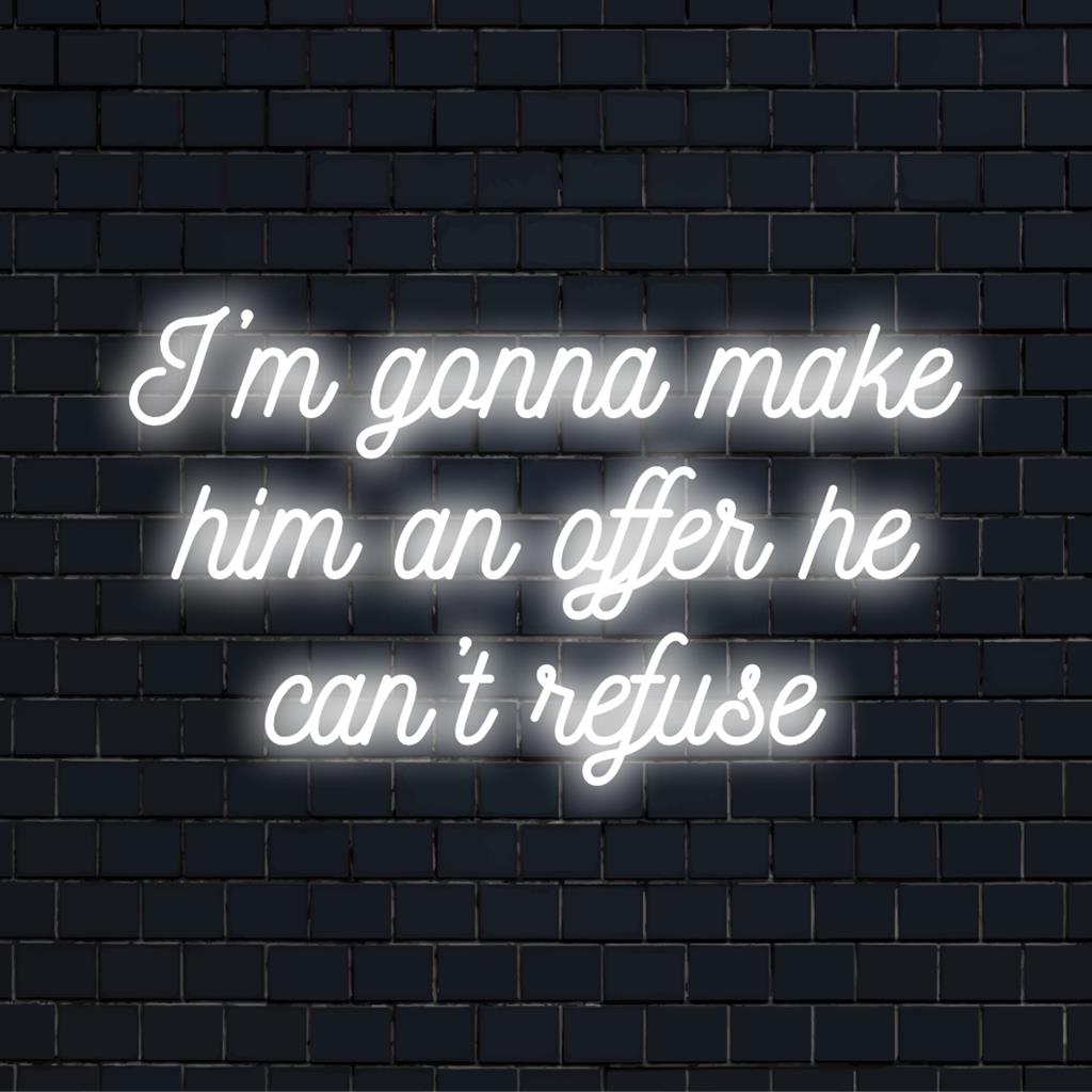 Neonowa tablica LED z kultowym napisem „Złożę mu ofertę nie do odrzucenia”. Neonowa grafika ścienna, dekoracja spersonalizowana.