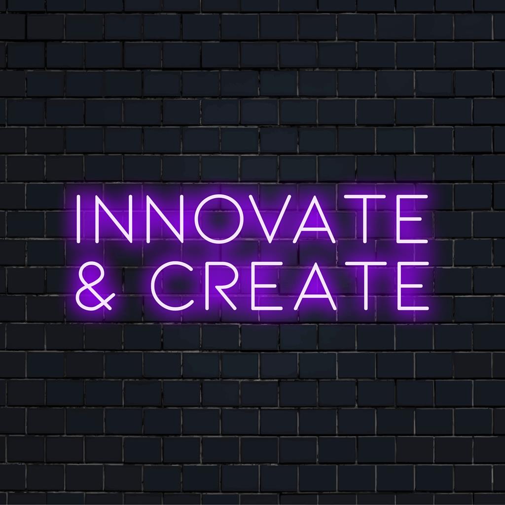 Neonowy napis LED z napisem „Innovate and Create” wykonanym w stylowych czcionkach, idealny do inspirowania kreatywności w każdej przestrzeni.