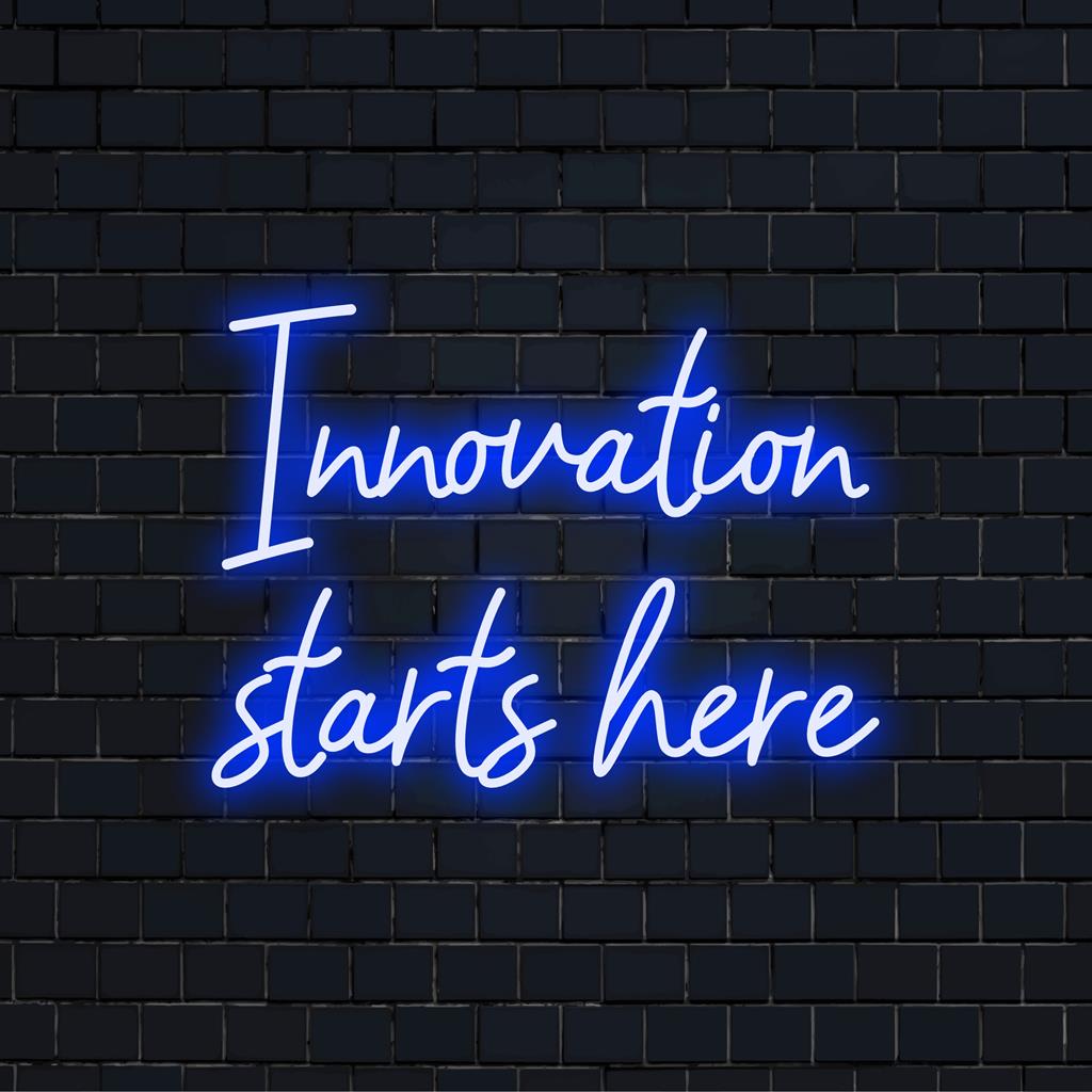 Προσαρμοσμένη επιγραφή LED νέον με τη φράση Innovation Stars Here, ιδανική για μοντέρνα διακόσμηση γραφείου ή χώρους έμπνευσης.