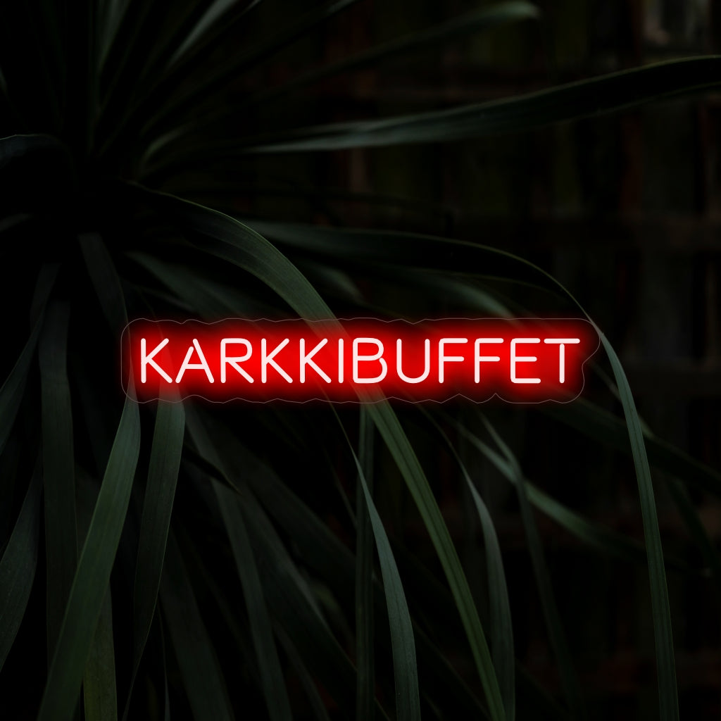 „Karkkibuffet Neon Sign” - Infuzați dulceață în spațiul dvs. cu această încântătoare placă cu neon, perfectă pentru evidențierea bufetelor de bomboane și a colțurilor cu deserturi. Luminează atmosfera cu o notă de farmec dulce.