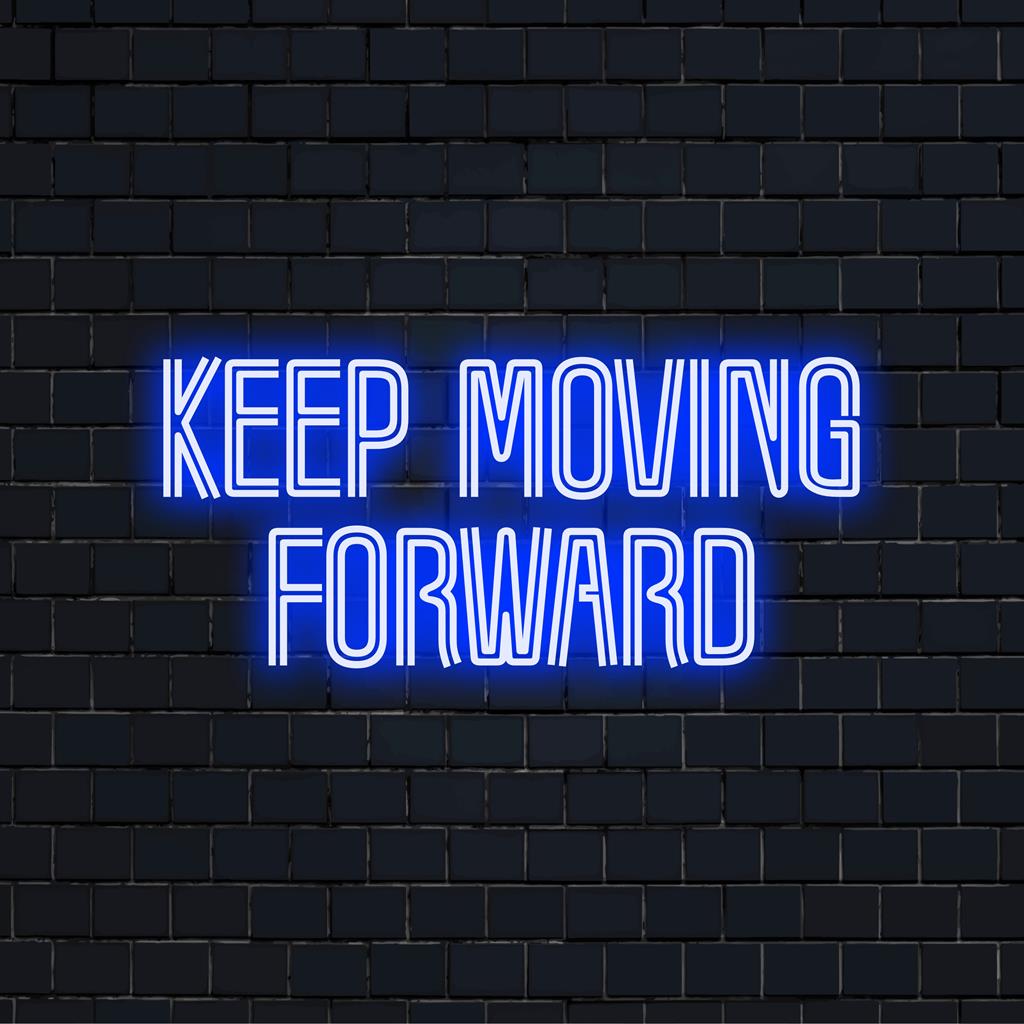 Stylish LED neon sign with the inspiring text Keep Moving Forward, perfect for adding a motivational touch to any space.