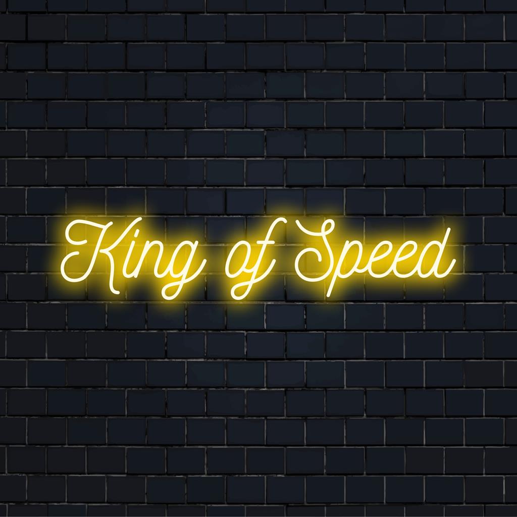 Custom LED neon sign featuring King Of Speed text in vibrant light, ideal for neon wall art and personalized décor.