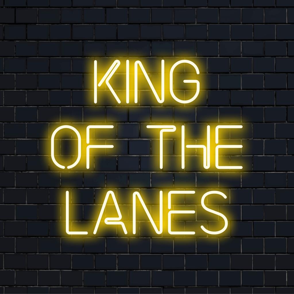 Custom LED neon sign: King Of The Lanes with bowling pins design, perfect neon light decor for alley enthusiasts.