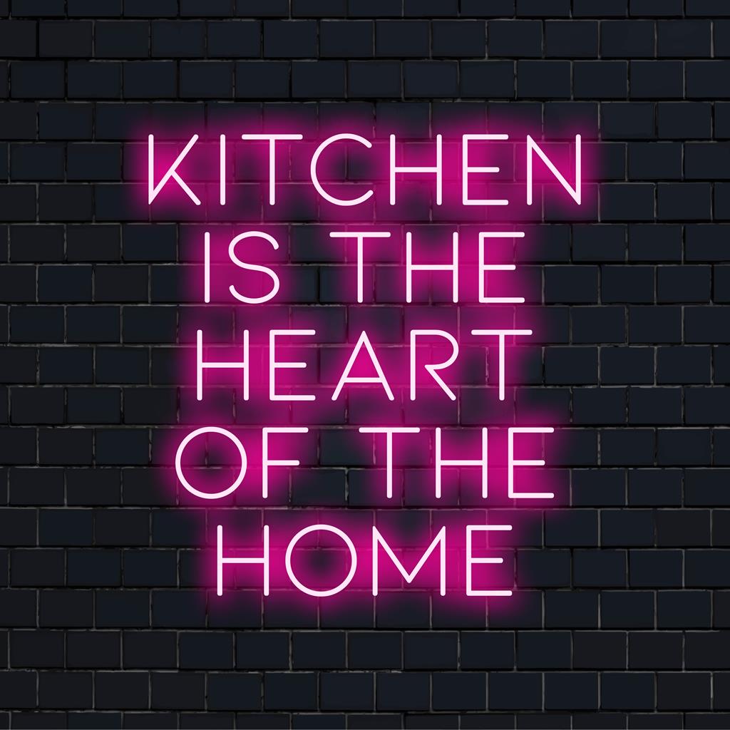 Custom LED neon sign reading Kitchen Is The Heart Of The Home in vibrant glowing text, perfect for cozy kitchen decor.