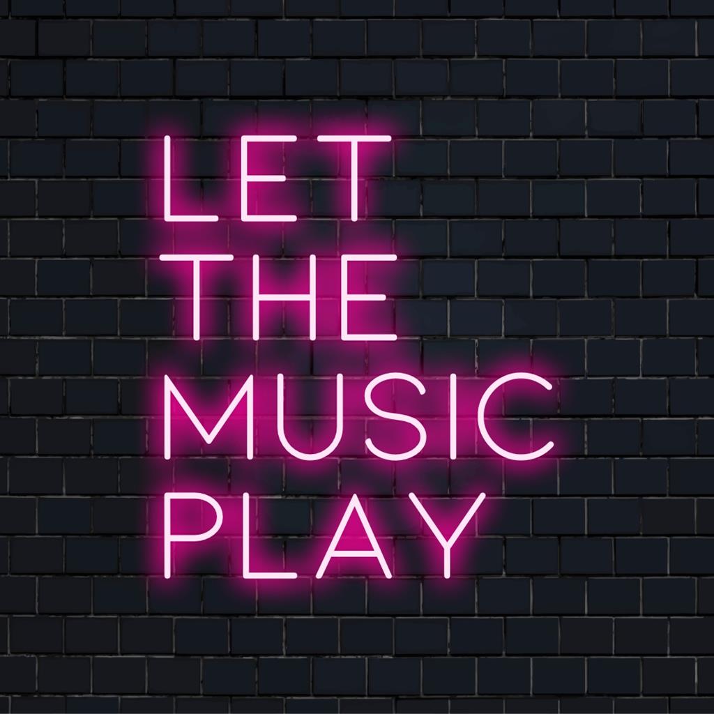 Custom-made LED neon sign featuring bold, vibrant letters spelling Let The Music Play, a striking addition to any space.