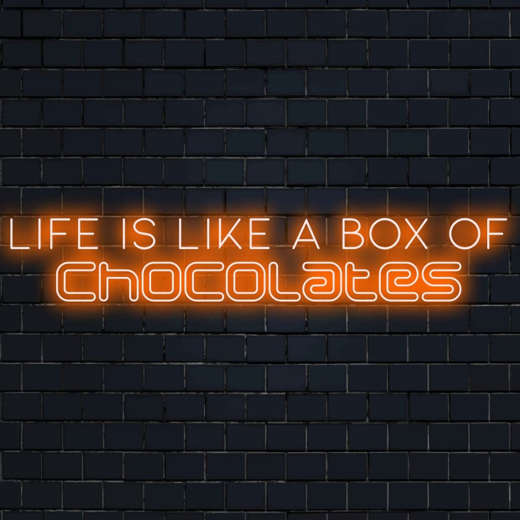 Letrero LED personalizado que muestra la vida como una caja de chocolates, perfecto para arte de pared de neón y decoración personalizada.