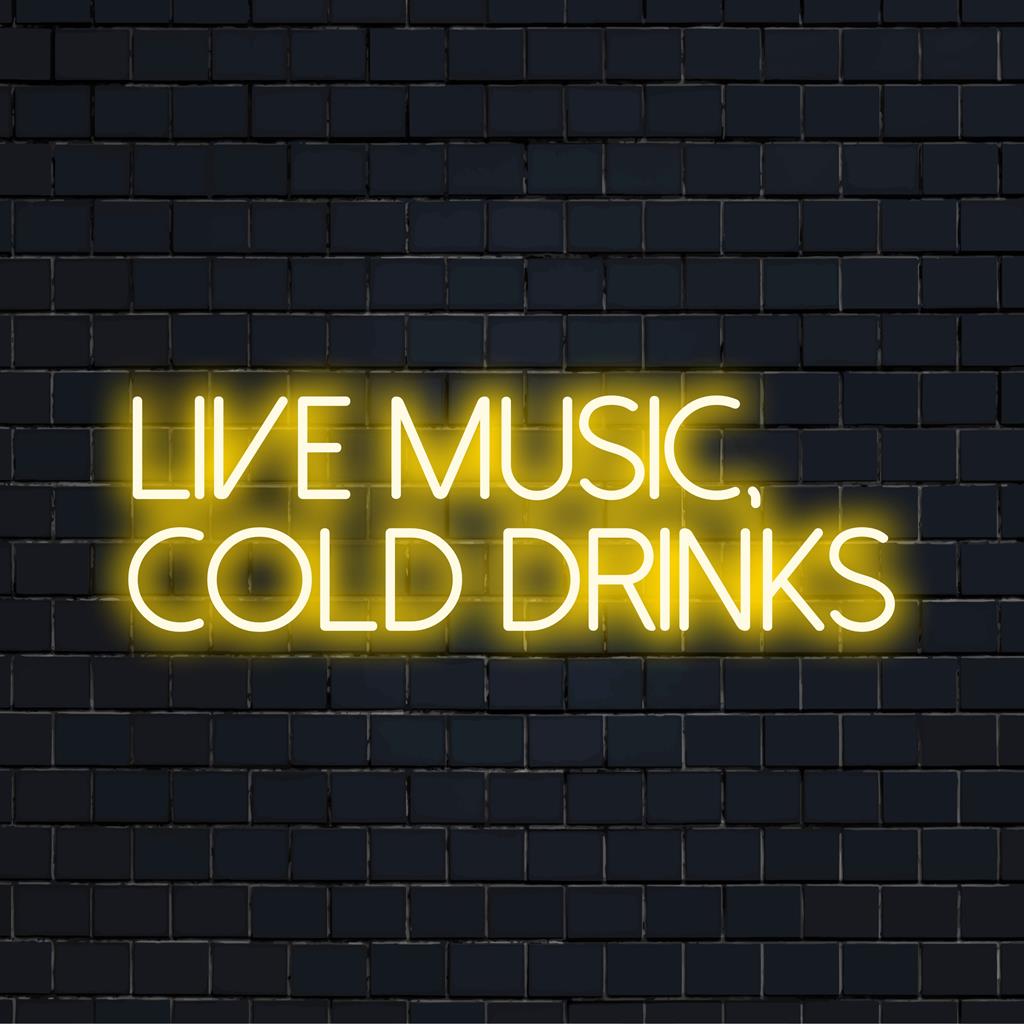 Bright LED neon sign featuring the text Live Music, Cold Drinks, ideal for vibrant venues and home bars. Neon light decor.