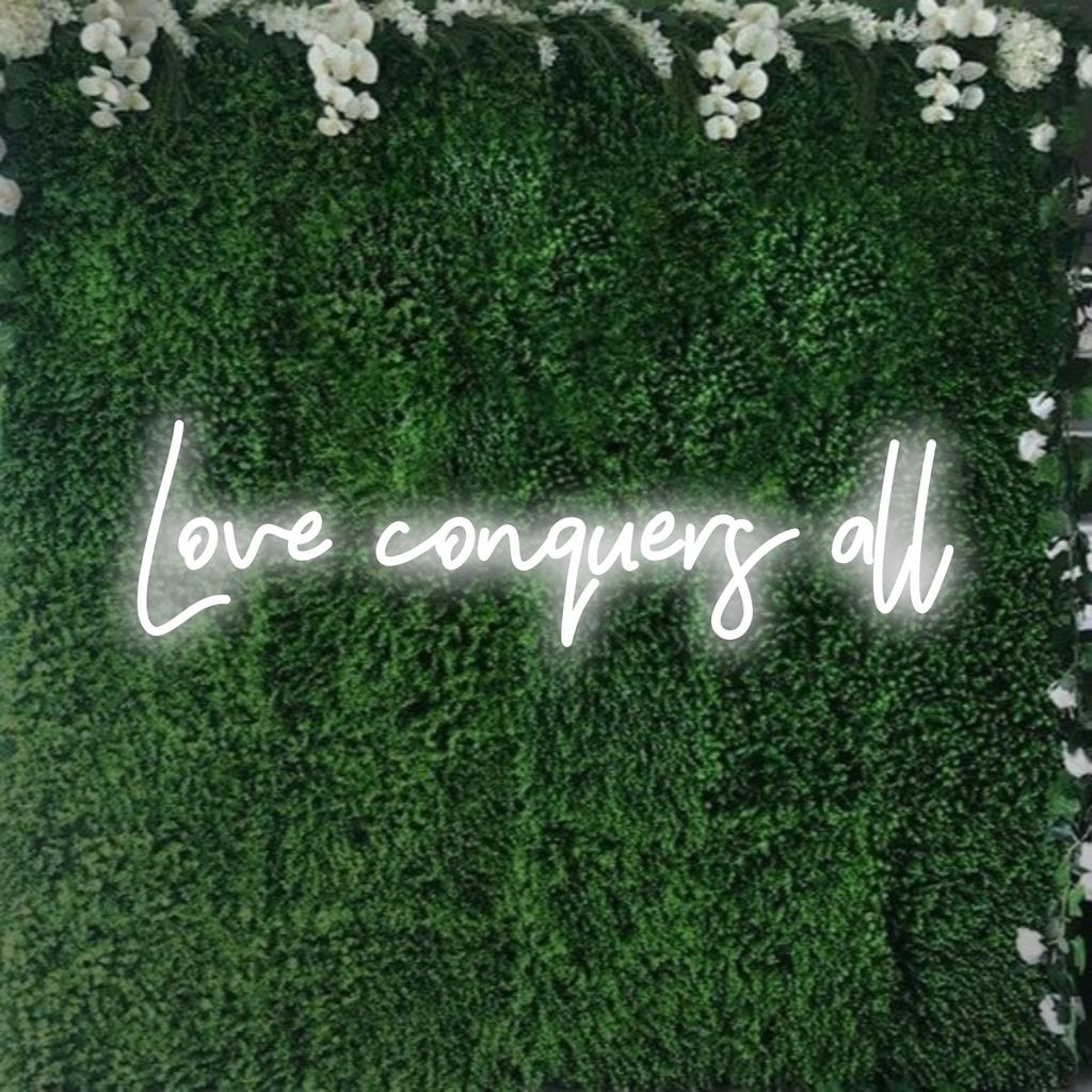 Love Conquers All brilla in vivaci tonalità neon, ideale come insegna artistica al neon LED personalizzata per l'arredamento di case o aziende.